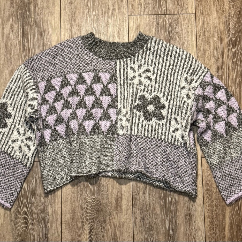 Sincerely Jules Patchwork Cropped Oversized Sweater in Gray and Purple